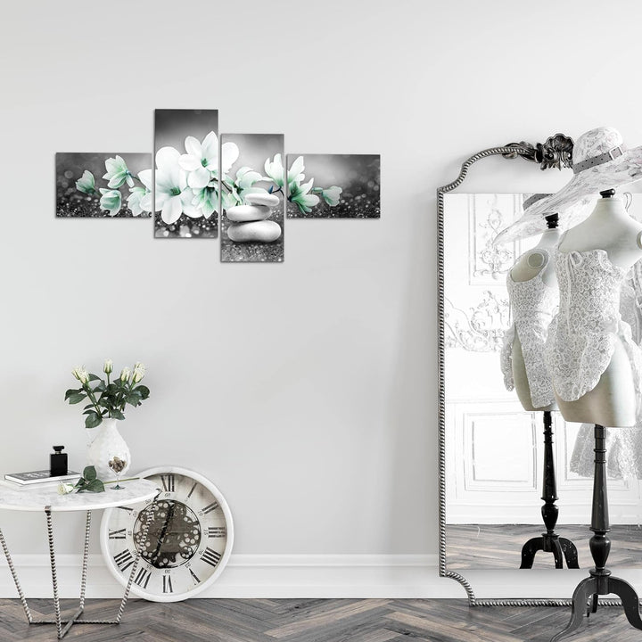 Runa Art Bild Modern Blumen Magnolien - Made in Germany - Wandbilder Abstrakt Grau Türkis 4 Teilig 0