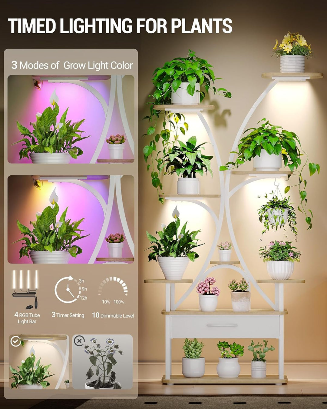 Hzuaneri Pflanzenständer mit Wachstumslicht, 9-Ebenen Blumenständer mit 4 R-G LED-Leuchten, Farbe un