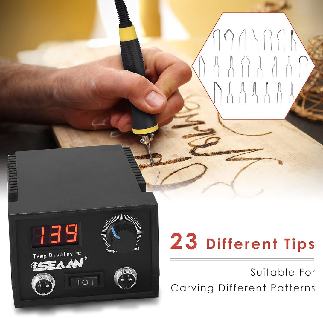 Professionelles Pyrographie-Set mit zwei Brennstiften, Digitalanzeige und 23 Brennspitzen, stufenlos