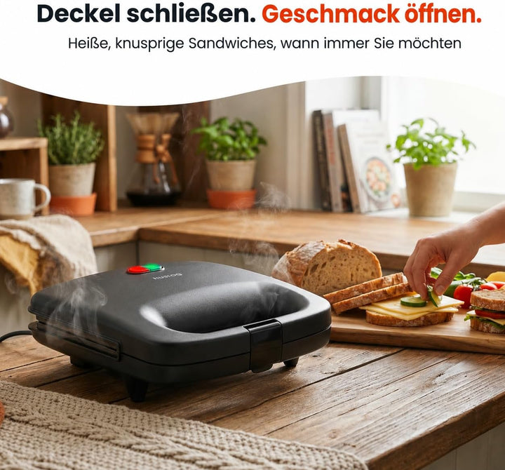 QuickBite Toaster, Sandwichmaker, Sandwich, Antihaftbeschichtung, 1000W, Panini, Schwarz Schwarz 24,