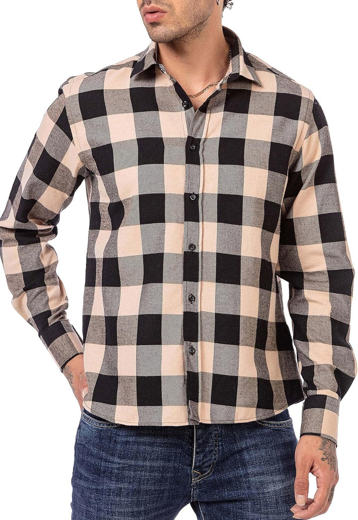 Hemd für Herren Freizeithemd Holzfällerhemd Kariert Plaid Shirt Vintage S Beige, S Beige