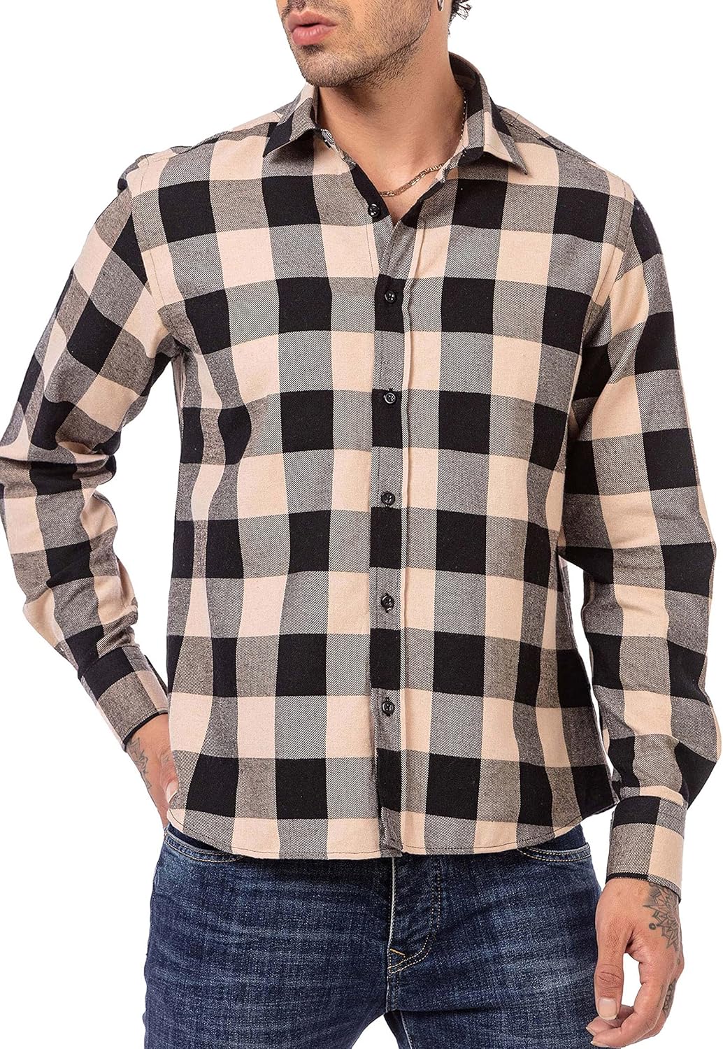 Hemd für Herren Freizeithemd Holzfällerhemd Kariert Plaid Shirt Vintage XXL Beige, XXL Beige