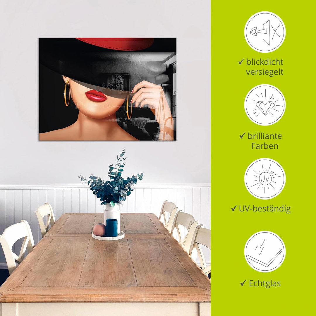 ARTland Glasbilder Wandbild Glas Bild einteilig 60 x 45 cm Elegant Schick Dame Lady Hut Ohrringe Lip