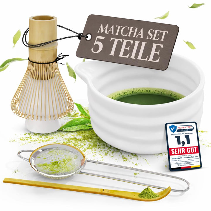 Matcha Set Weiss 5-teilig Schale mit Ausgiesser und [EXTRA ROBUSTEM] Matchabesen Spülmaschinenfest M