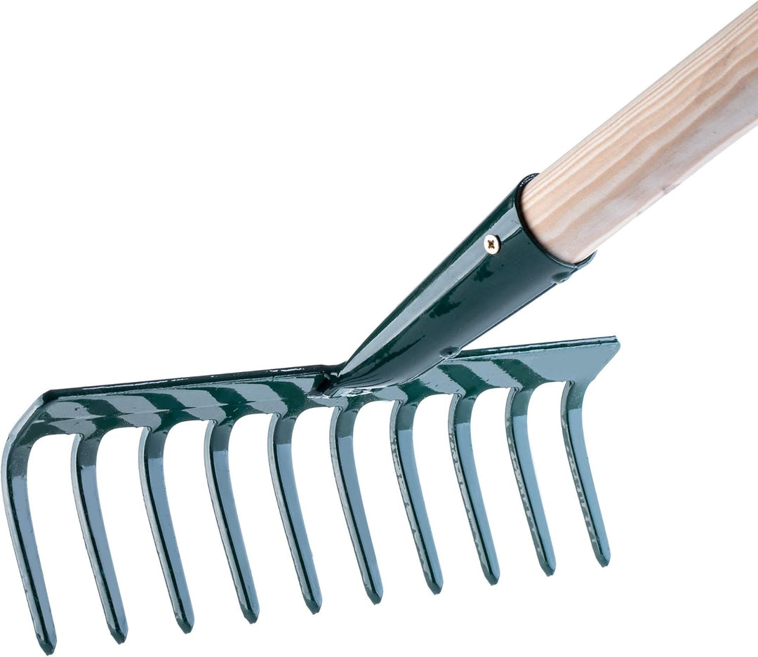 KADAX Rechen aus Metall, Flache Harke mit Stiel aus Holz, Laubbesen für Garten, Beet, Laubrechen, Ra