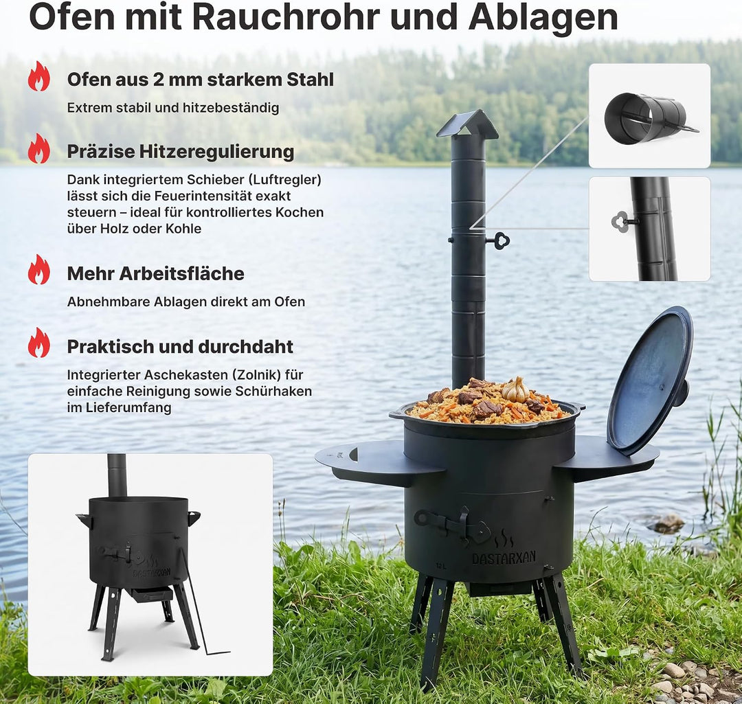 Premium Komplettset Uchag 2mm Stahl 15L Gusseisen Kazan Gusseisendeckel | Utschak Feldküche Feuerste