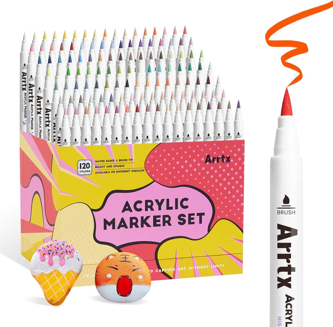 Arrtx 120 Acrylstifte für Steine Wasserfest, Graffiti Acrylstifte Marker Pinsel Spitze, Acrylmarker