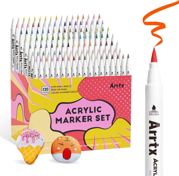 Arrtx 120 Acrylstifte für Steine Wasserfest, Graffiti Acrylstifte Marker Pinsel Spitze, Acrylmarker