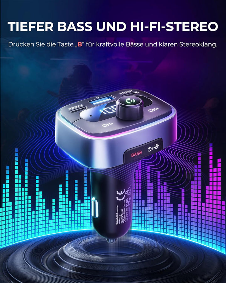 LENCENT Bluetooth 5.4 FM Transmitter Auto Bluetooth Adapter, 60 W PD 30 W Dual-USB-C-Schnellladung,