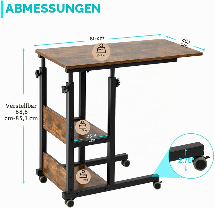 Hadulcet C-förmiger Beistelltisch verstellbar, höhenverstellbarer C-Tisch mit Rollen und Ablageschal