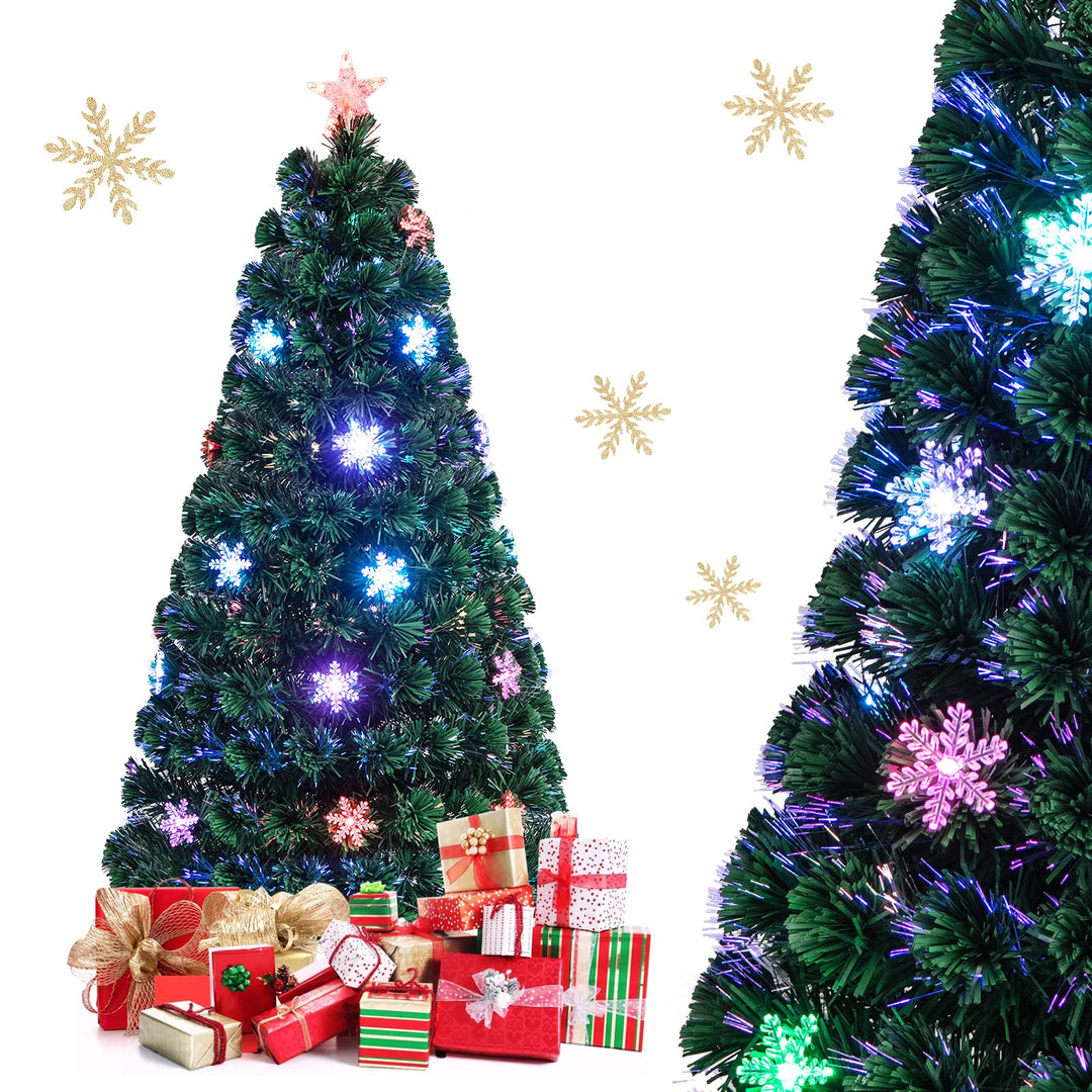 COSTWAY 150 cm LED Künstlicher Weihnachtsbaum mit Glasfaser-Farbwechsler und Sternspitze, Tannenbaum