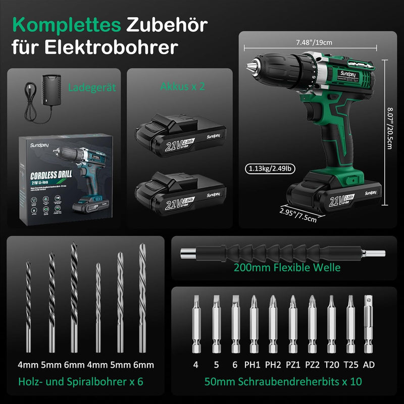 Sundpey Akkuschrauber 21V, Akku Bohrschrauber Set mit 2 Akkus 2.0Ah, 45Nm Max Akku Bohrmaschine, 2-G