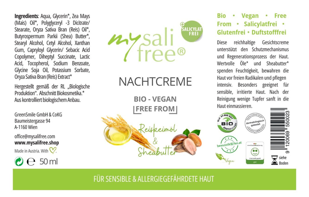 mysalifree BIO NACHTCREME, reichhaltige Feuchtigkeitspflege für sensible Haut mit Reiskeimöl und She