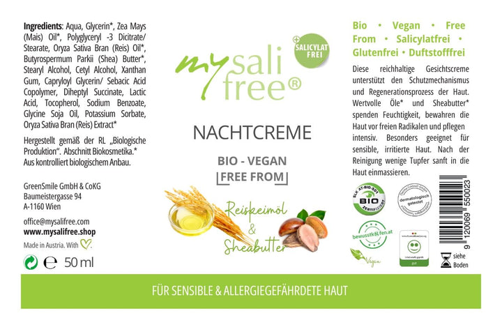 mysalifree BIO NACHTCREME, reichhaltige Feuchtigkeitspflege für sensible Haut mit Reiskeimöl und She