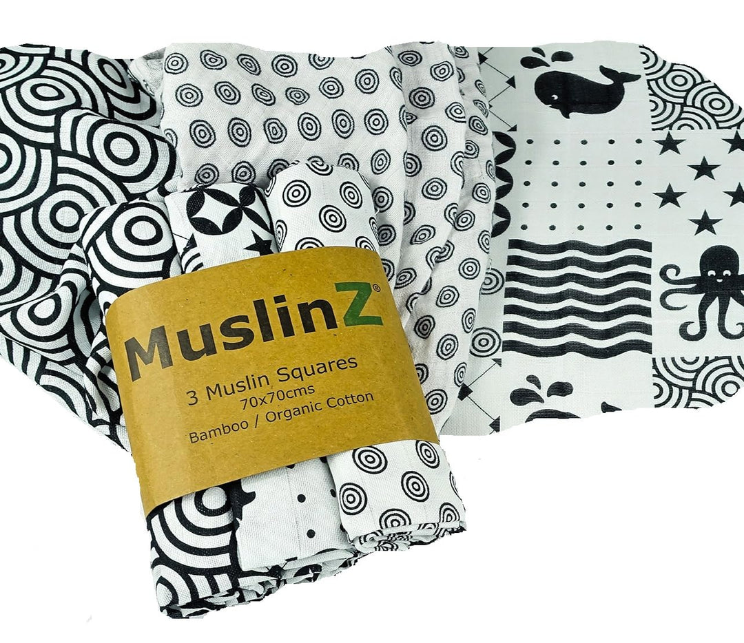 MuslinZ Sensory Musselin-Quadrate für Neugeborene in Schwarz und Weiss für visuelle Stimulation und