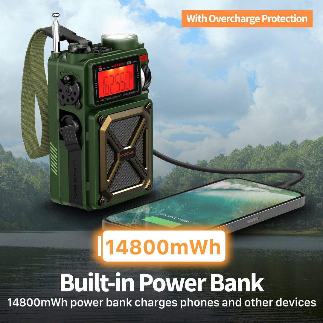 FosPower Solar Crank Radio Model D9 with LCD, Flashlight AM/FM/WB and Bank d'power Supply 4,000 mAh