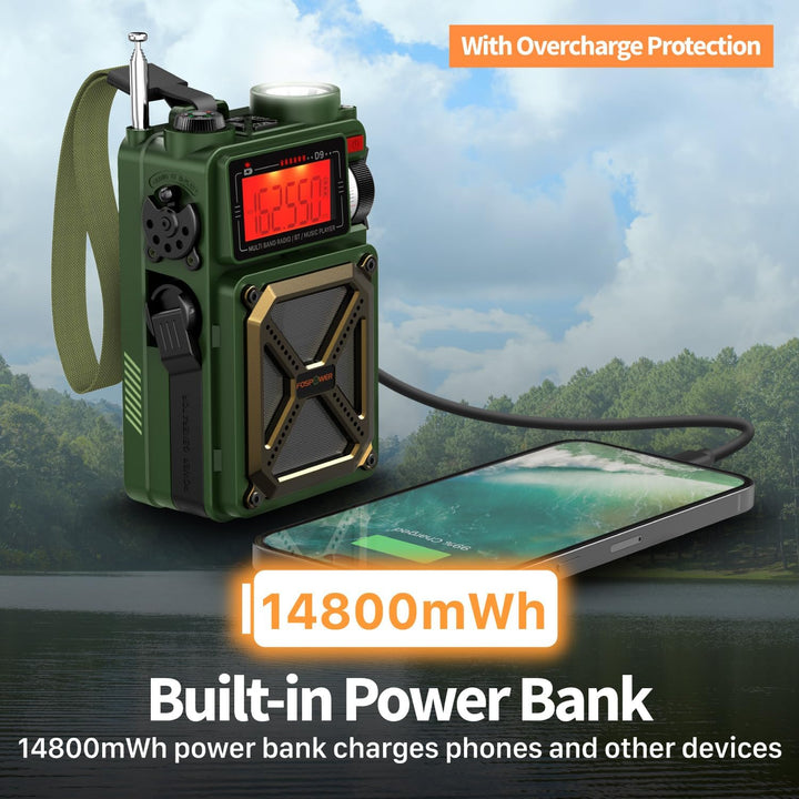 FosPower Solar Crank Radio Model D9 with LCD, Flashlight AM/FM/WB and Bank d'power Supply 4,000 mAh