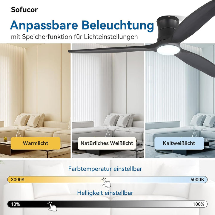 Sofucor Smart Deckenventilator mit Beleuchtung,132cm Massivholz Deckenventilator mit Licht, Alexa/AP