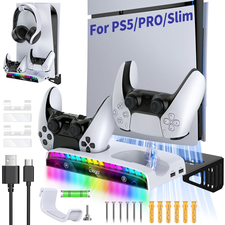 RGB Wandhalterung für PS5/Pro/Slim mit doppelter Controller-Ladestation, PlayStation 5 Halterung für