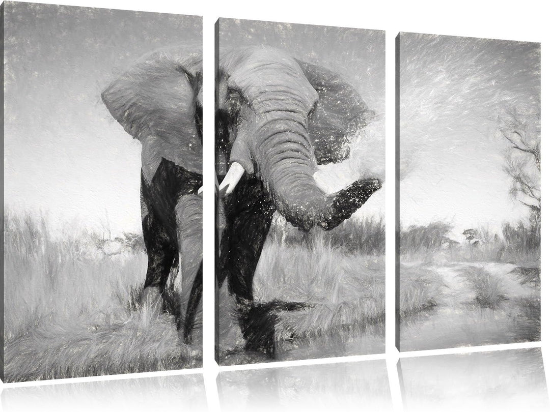 Pixxprint Elefant spritzt mit Wasser als Leinwandbild/Grösse: 3 Teilig (120x80 cm) cm/Wandbild/Kunst