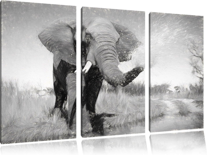 Pixxprint Elefant spritzt mit Wasser als Leinwandbild/Grösse: 3 Teilig (120x80 cm) cm/Wandbild/Kunst