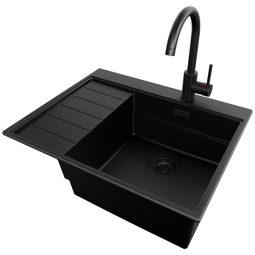 PRIMAGRAN Granitspüle Alles Schwarz 62x50cm, Spülbecken 1 Becken + Küchenarmatur 32x20cm + Ablauf-Se