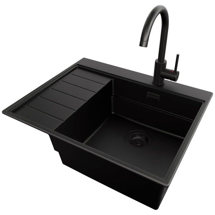 PRIMAGRAN Granitspüle Alles Schwarz 62x50cm, Spülbecken 1 Becken + Küchenarmatur 32x20cm + Ablauf-Se