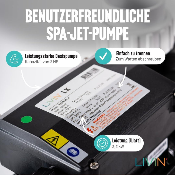 LIVIN' LX WP300 Jet poolpumpen - pool filterpumpe 2.2 kW/ 3 HP, Whirlpool umwälzpumpe 730L/ Min für