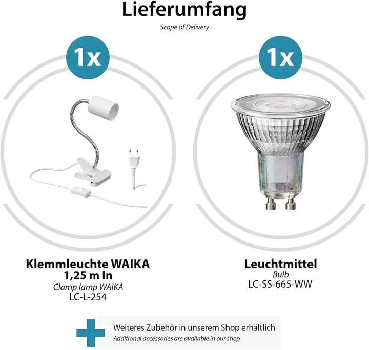 ledscom.de Klemmleuchte WAIKA mit Schwanenhals und Schalter weiss matt + GU10 LED, PAR16, warmweiss,