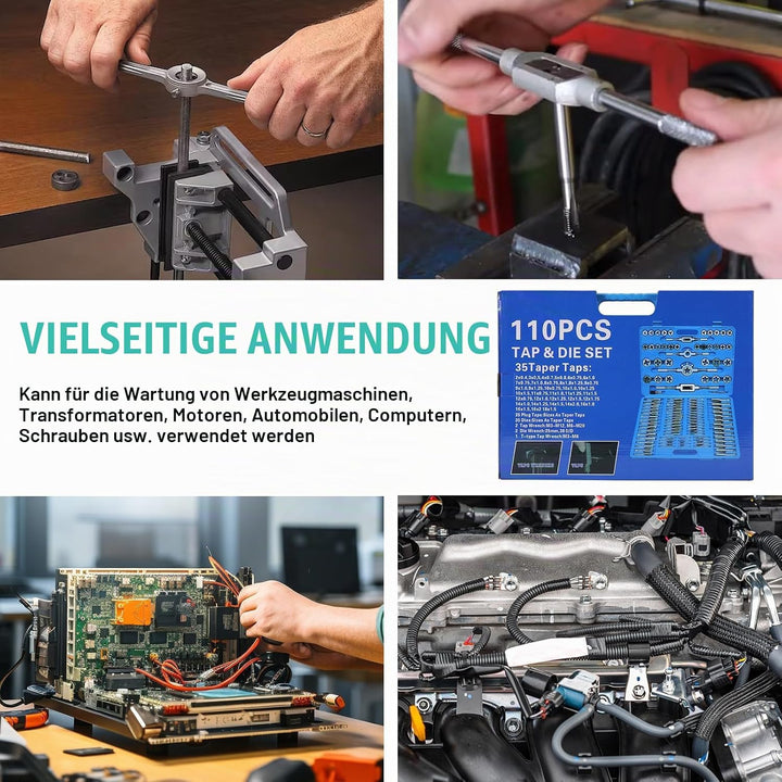 110 Stück Gewindeschneider Set Metrisch M2-M18 Gewindeschneidsatz, Gewindebohrer Schneideisen Set mi
