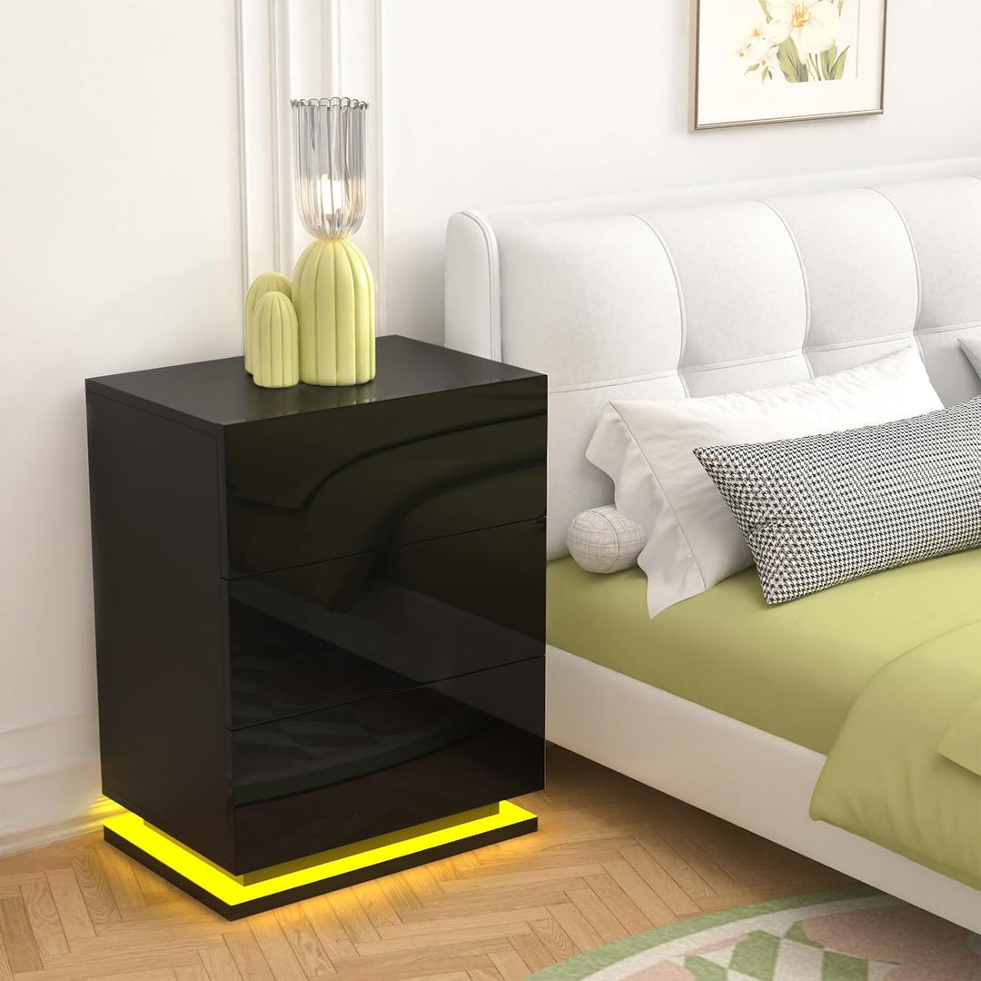 Lvhecforhm 2er Set Nachttisch Schwarz, Nachttische Hochglanz Front, Nachttisch Schwarz mit 3 Schubla