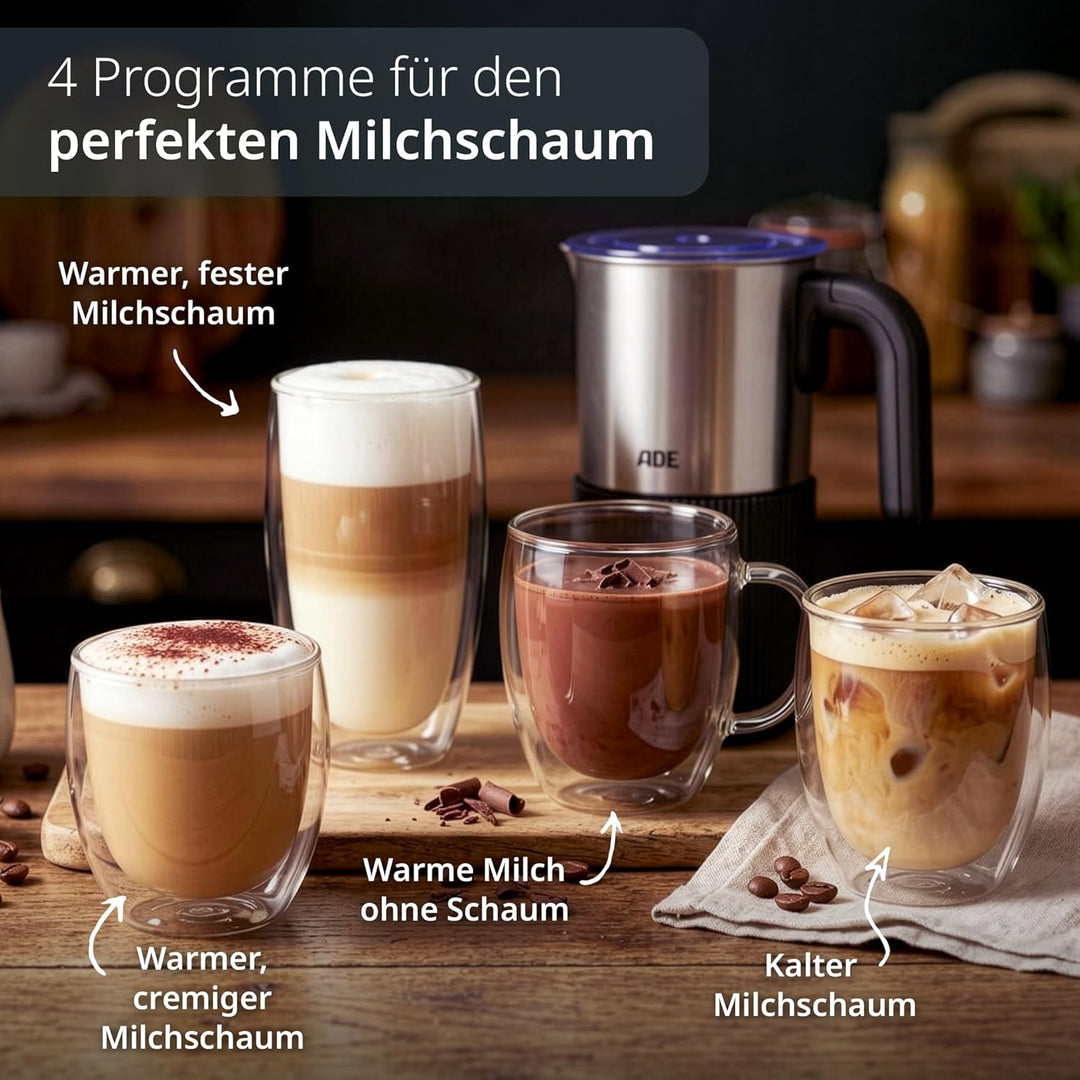 ADE Design Elektrischer Milchaufschäumer 4in1 | für heissen & kalten Milchschaum | Milchwärmer | für