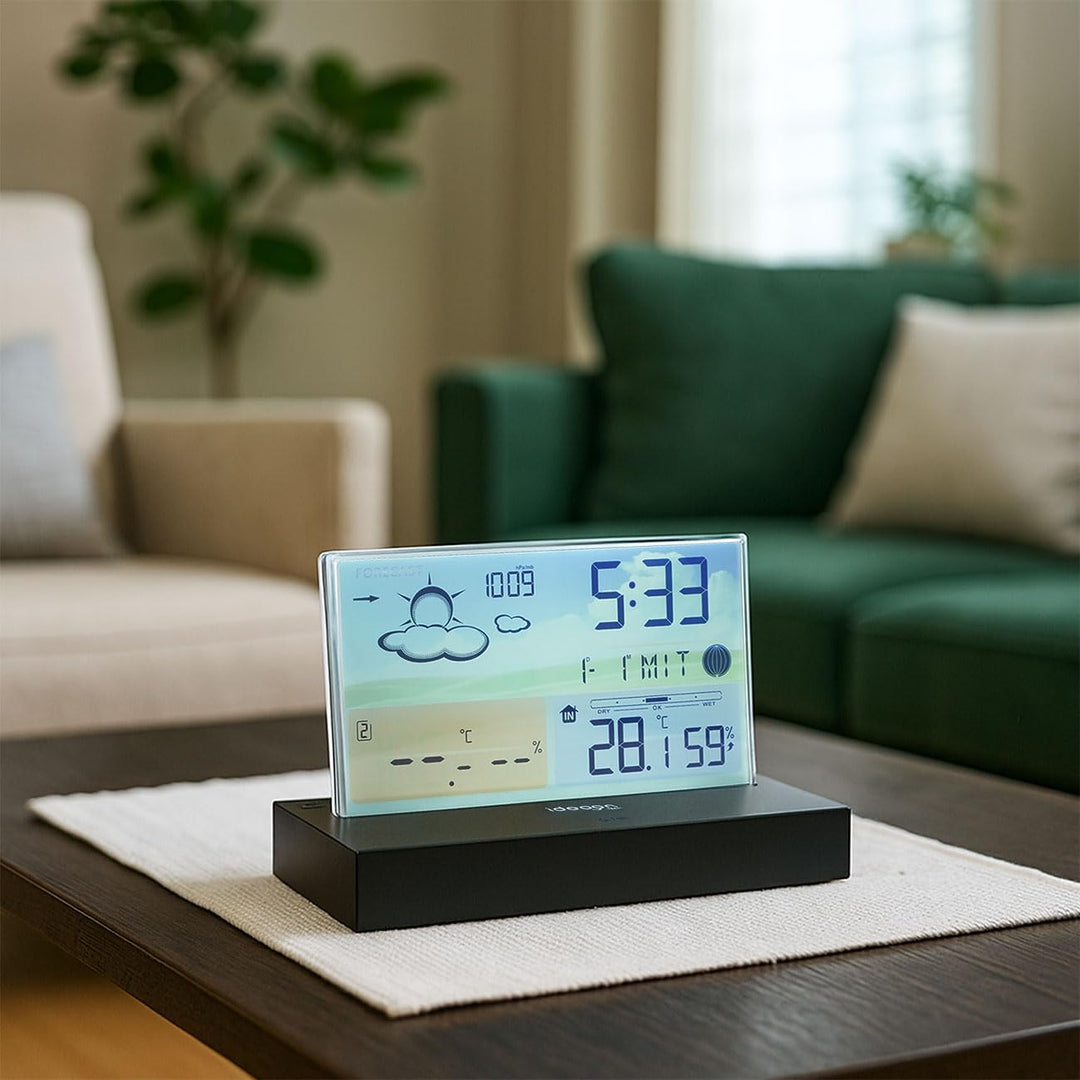 ideoon Moderne Funk-Wetterstation farbig: Rahmenloses LCD-Display für präzise Wetterprognose & Hygro