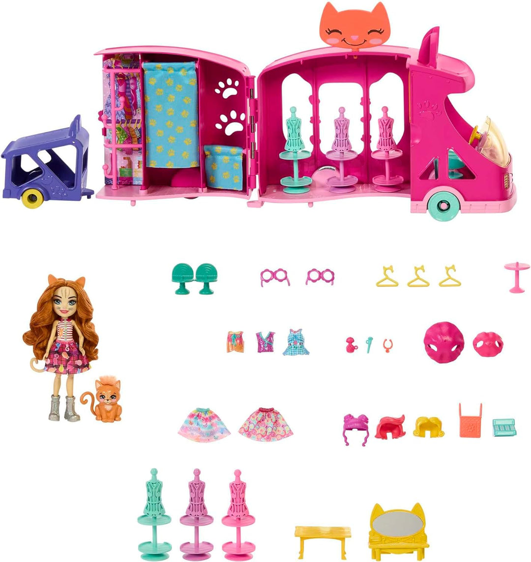 ENCHANTIMALS Glam Party, Puppe und Zubehör, Modewagen-Spielset, Puppe und bester Tierfreund, Wagen,