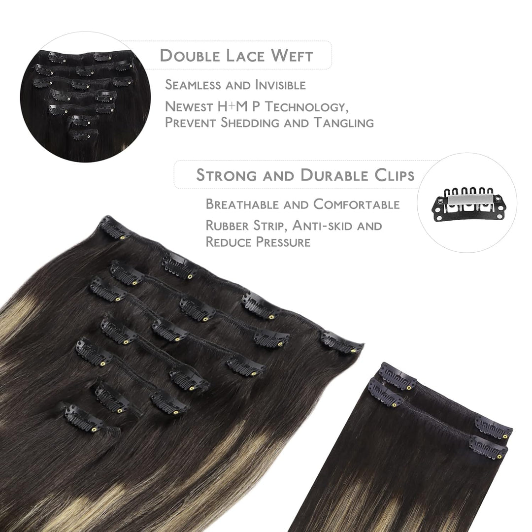 WENNALIFE Clip In Extensions Echthaar, 150g 35cm 9pcs Balayage Natürliches Schwarz bis Hellblond Cli