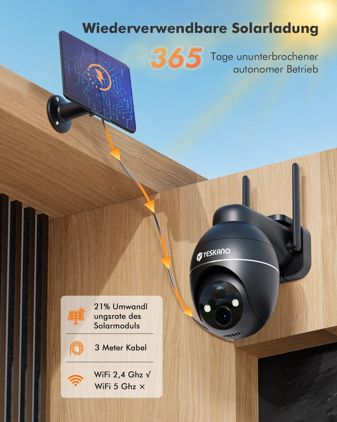 2 K Überwachungskamera, WLAN, für den Aussenbereich, kabellos, Solarpanel, 360 °, PTZ, Kamera, für d