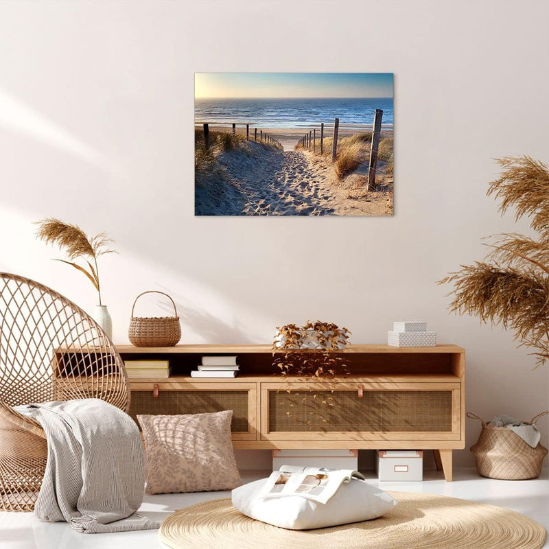 Bilder auf Leinwand Meer Strand Düne Leinwandbild mit Rahmen 70x50cm Wandbilder Dekoration Wohnzimme