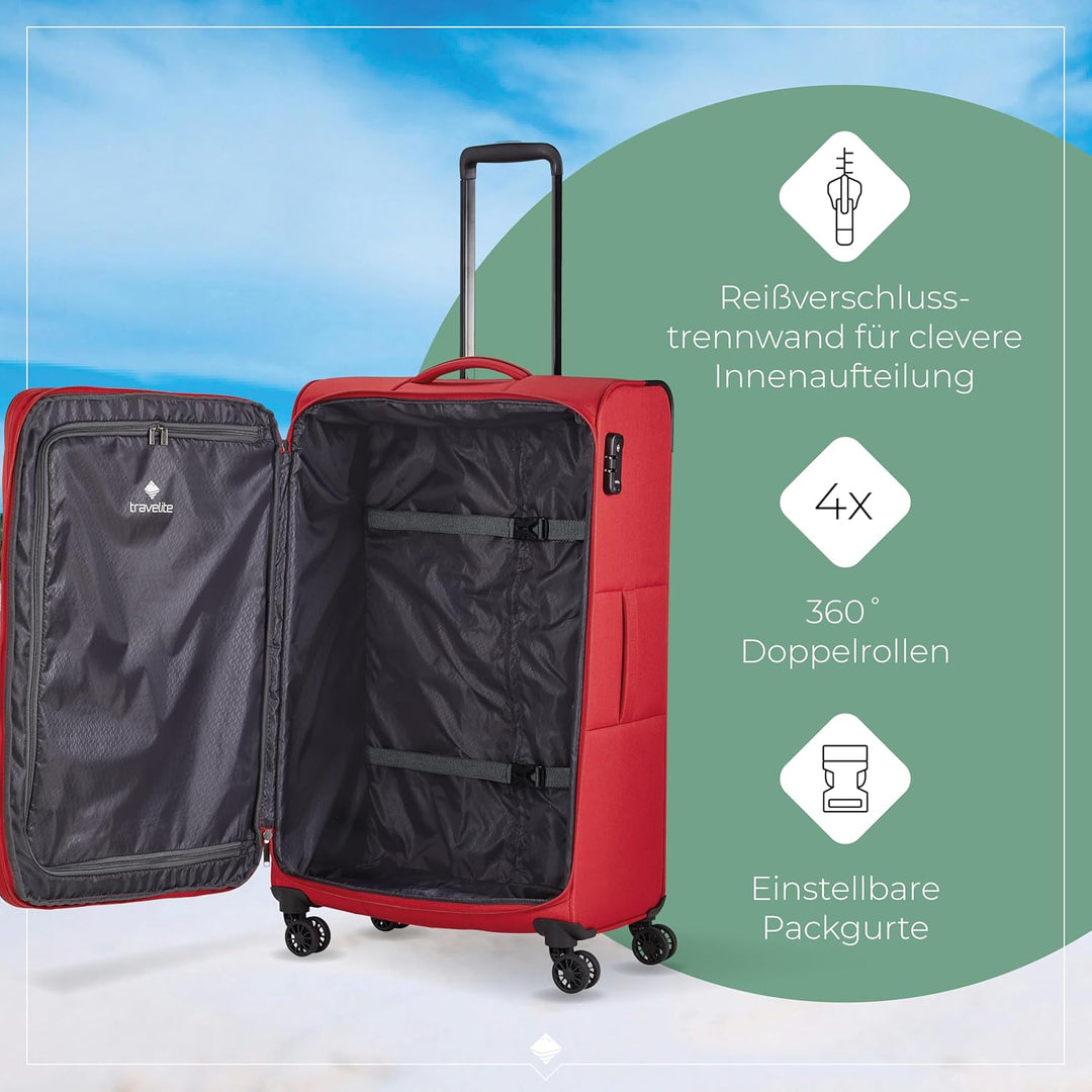 travelite 4-Rad Koffer Grösse L Weichschale, Gepäck Serie CHIOS mit Dehnfalte + Kantenschutz, Trolle