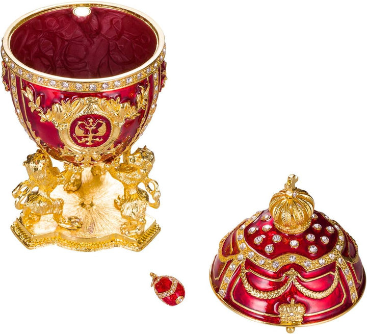 Fabergé-Stil Ei/Schmuckkästchen mit Löwen 15,5 cm rot