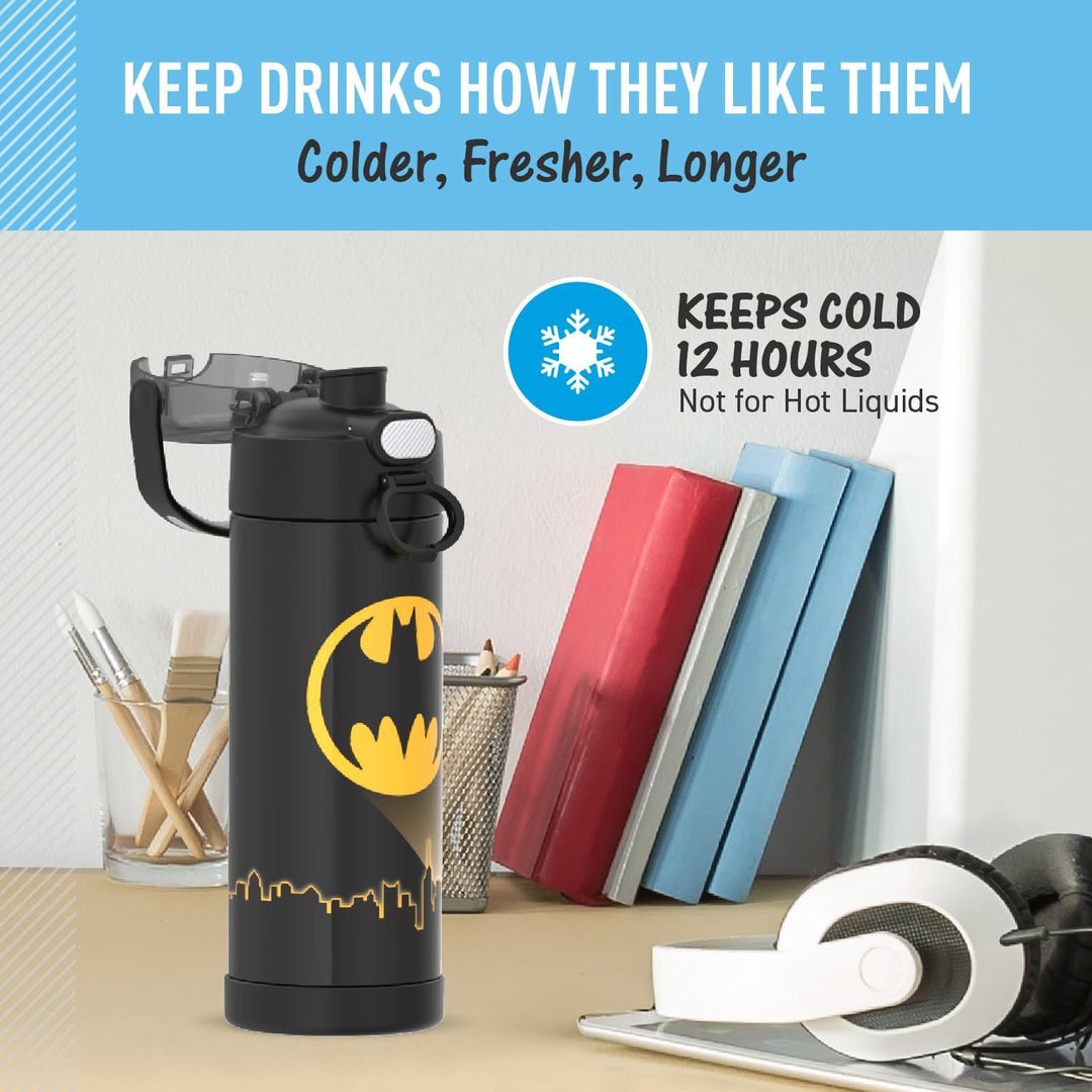 THERMOS Funtainer Edelstahl-Vakuum-Isolierflasche mit breitem Ausgiessdeckel, 473 ml, Batman, Batman