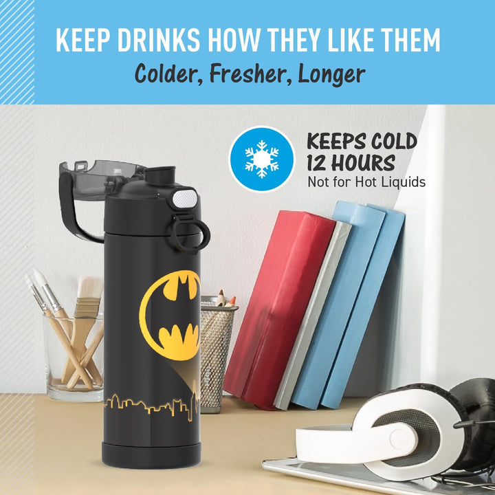 THERMOS Funtainer Edelstahl-Vakuum-Isolierflasche mit breitem Ausgiessdeckel, 473 ml, Batman, Batman