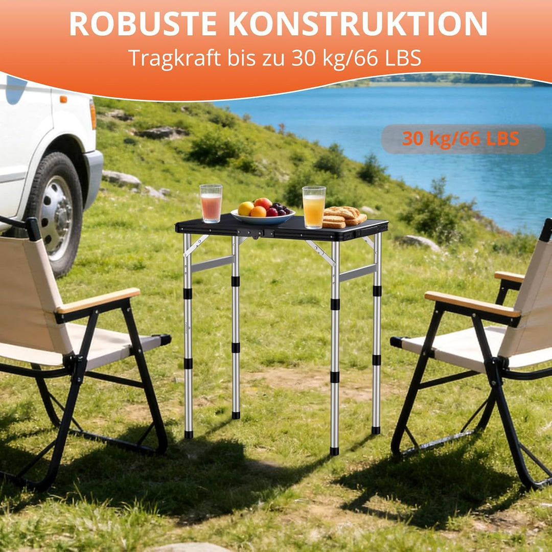 FUNYKICH Campingtisch Klappbar 58x40cm, Höhenverstellbar 26/48/70cm Silber | Wasserdichter Kunststof