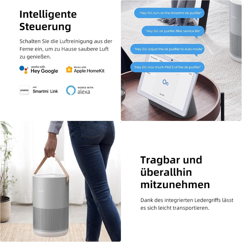 Smartmi Luftreiniger P1 Tragbar Hohe Effizienz mit HEPA13 Filter CADR 250m³/h 30㎡ 19dB Schlafmodus P