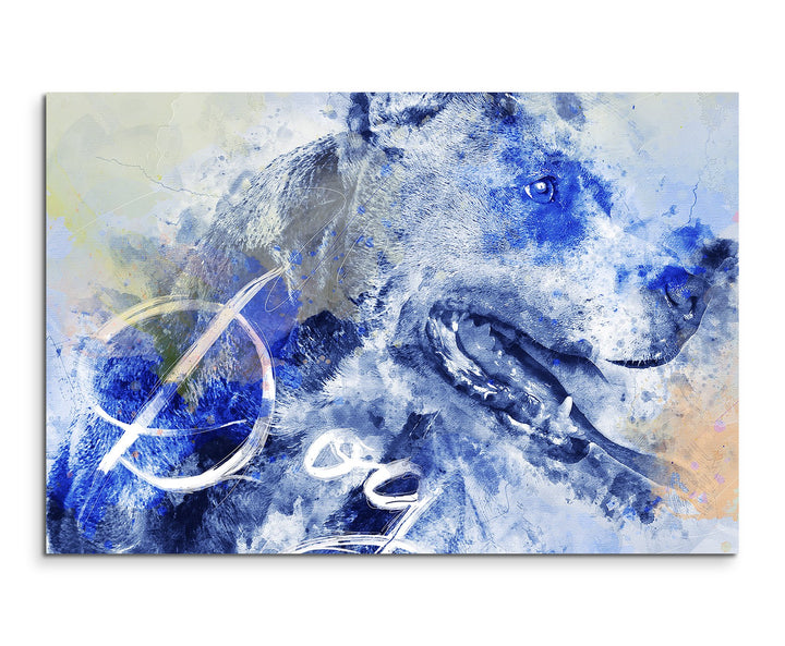 Paul Sinus Art Bild Leinwand 120x80cm Hechelnder Hund in Blautönen mit Kalligraphie, 120x80cm