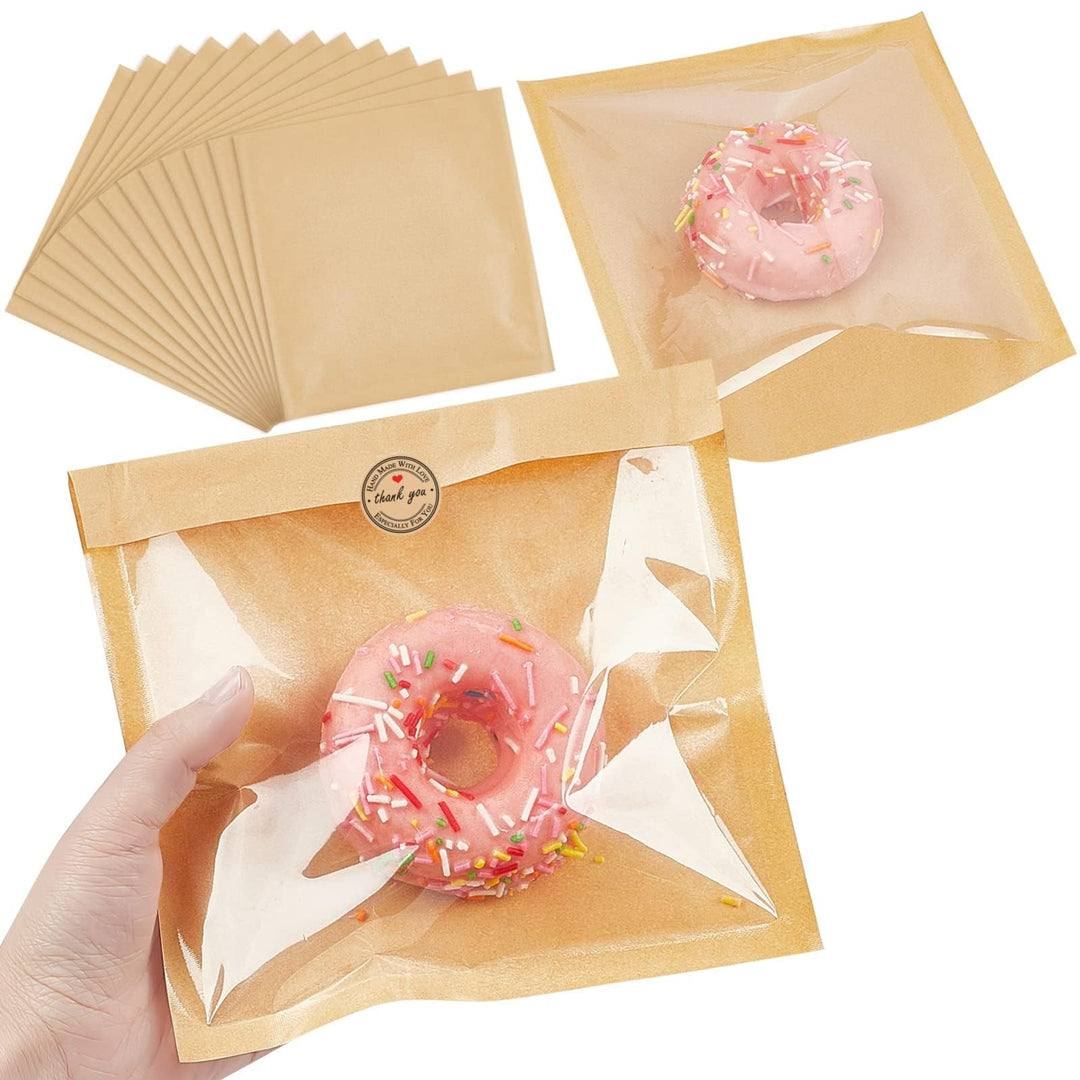 100 Stück Lebensmitteltüten with Window, 18 x 19 cm Sandwich Bags, Kraft Paper Small Bread Bags,Fett