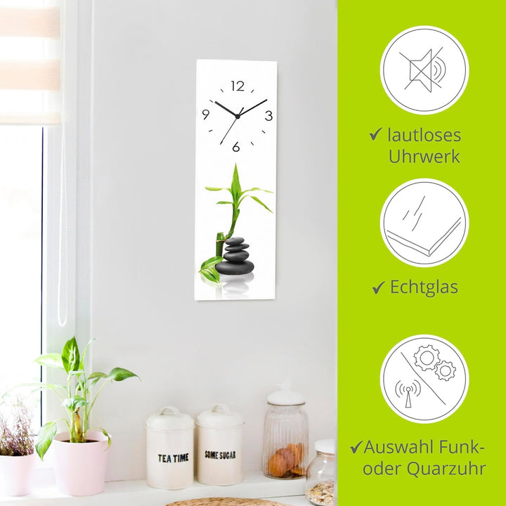 ARTLAND Wanduhr ohne Tickgeräusche Glas Funkuhr 20x60 cm Rechteckig Lautlos Asiatische Motive Zen St