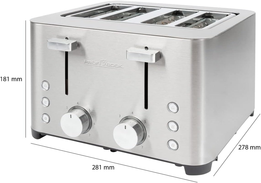 ProfiCook Toaster, Toaster 4 Scheiben, mit 2 getrennten Bedienelementen, Auftau-, Aufwärm-/ Schnells