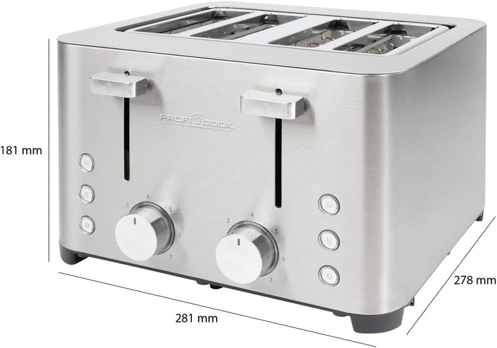 ProfiCook Toaster, Toaster 4 Scheiben, mit 2 getrennten Bedienelementen, Auftau-, Aufwärm-/ Schnells