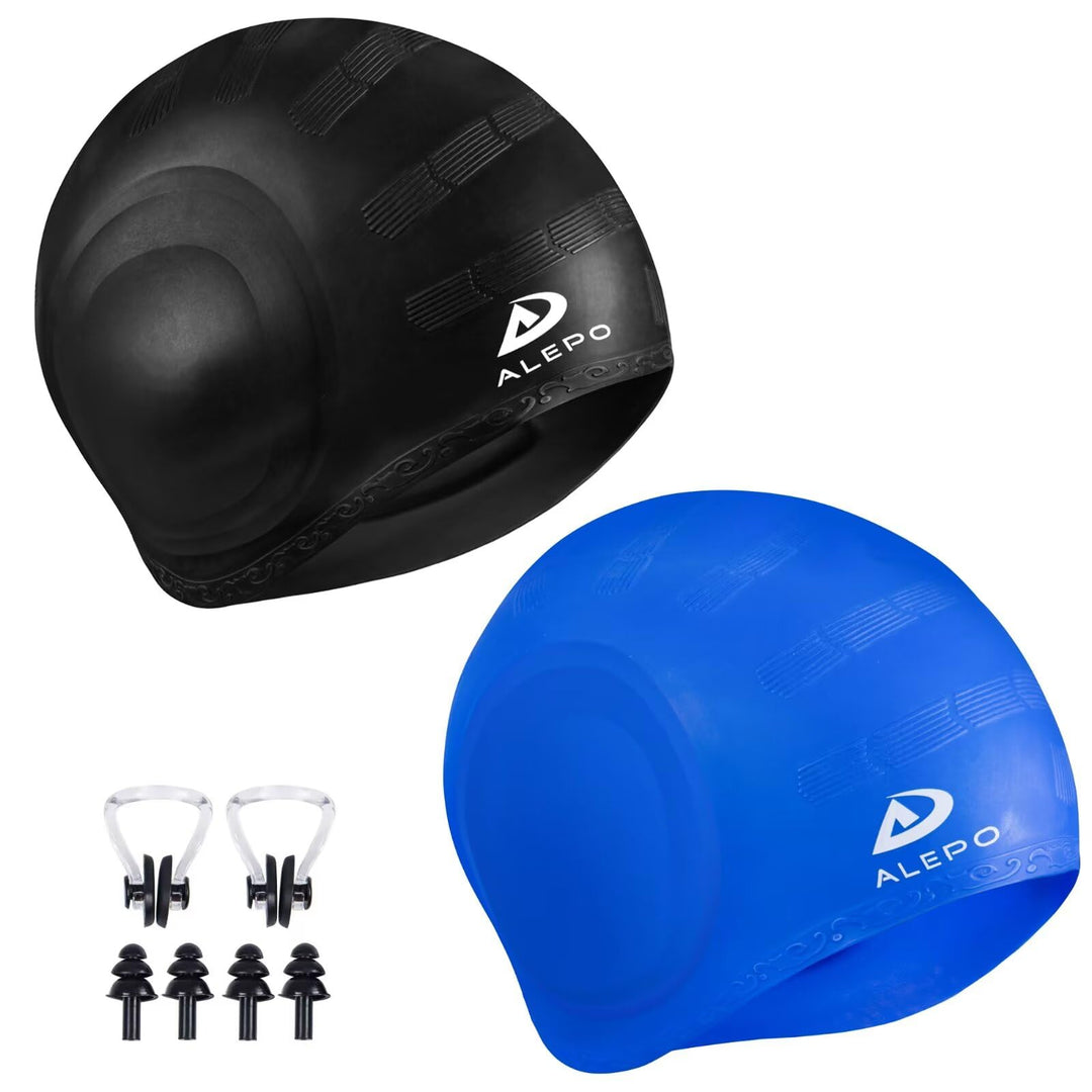 Alepo 2 Pack Unisex Badekappen Damen Herren mit 3D-Ohrenschutz, Schwimmkappe Langlebige Flexible Sil