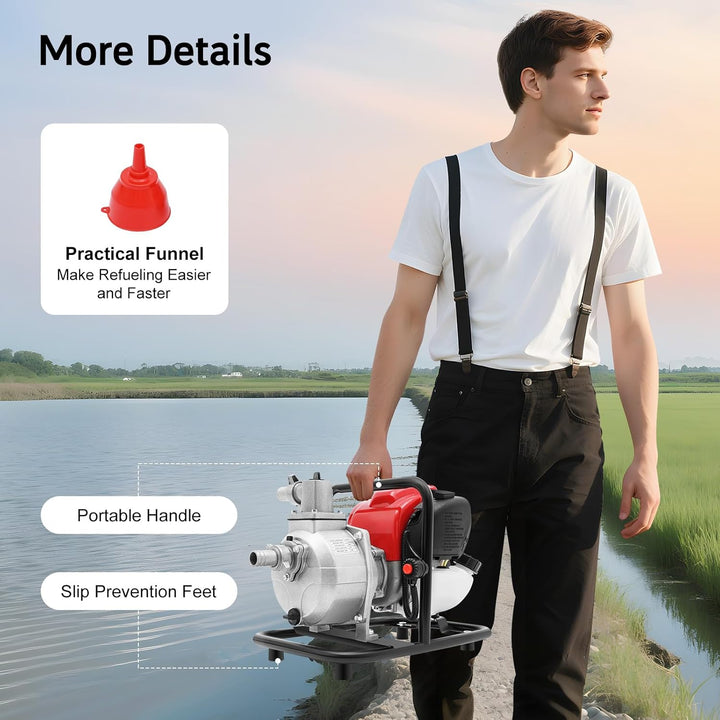 4 Takt Benzin Wasserpumpe, 1" Einzylinder Flachsaugende Schmutzwasserpumpe, Teichpumpe Schmutzwasser